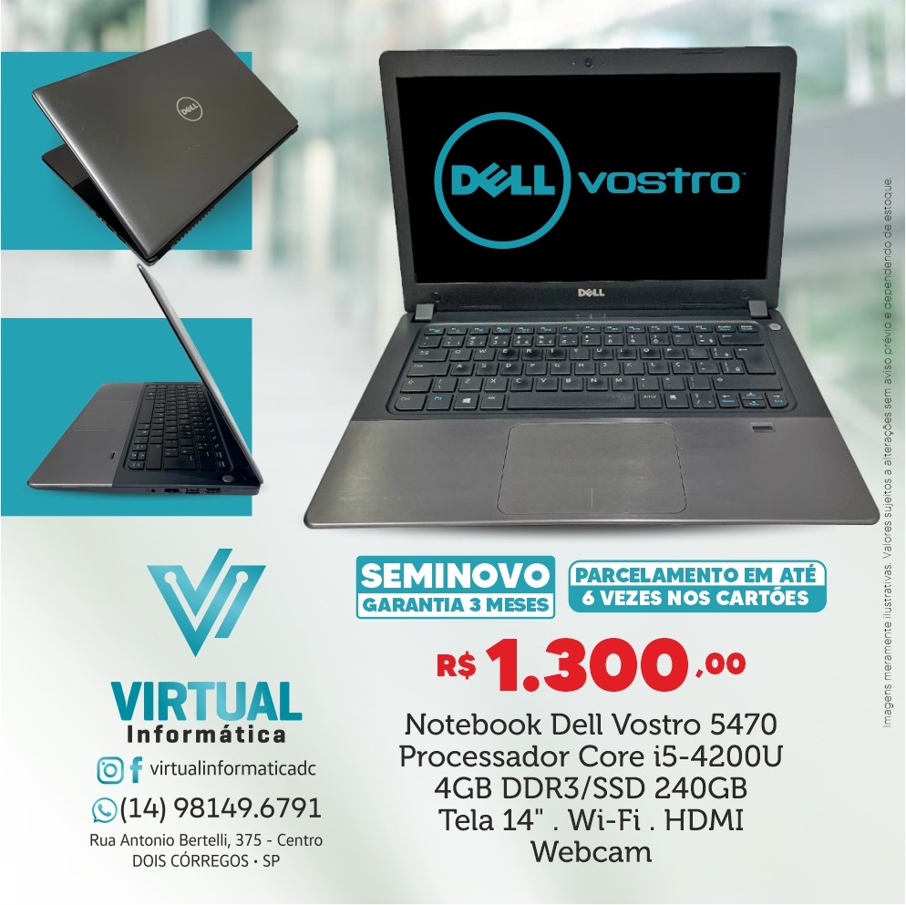 Notebook Dell Vostro 5470 Processador Core i5-4200U 4GB DDR3/SSD 240GB Tela 14 pol. Wifi HDMI Webcam