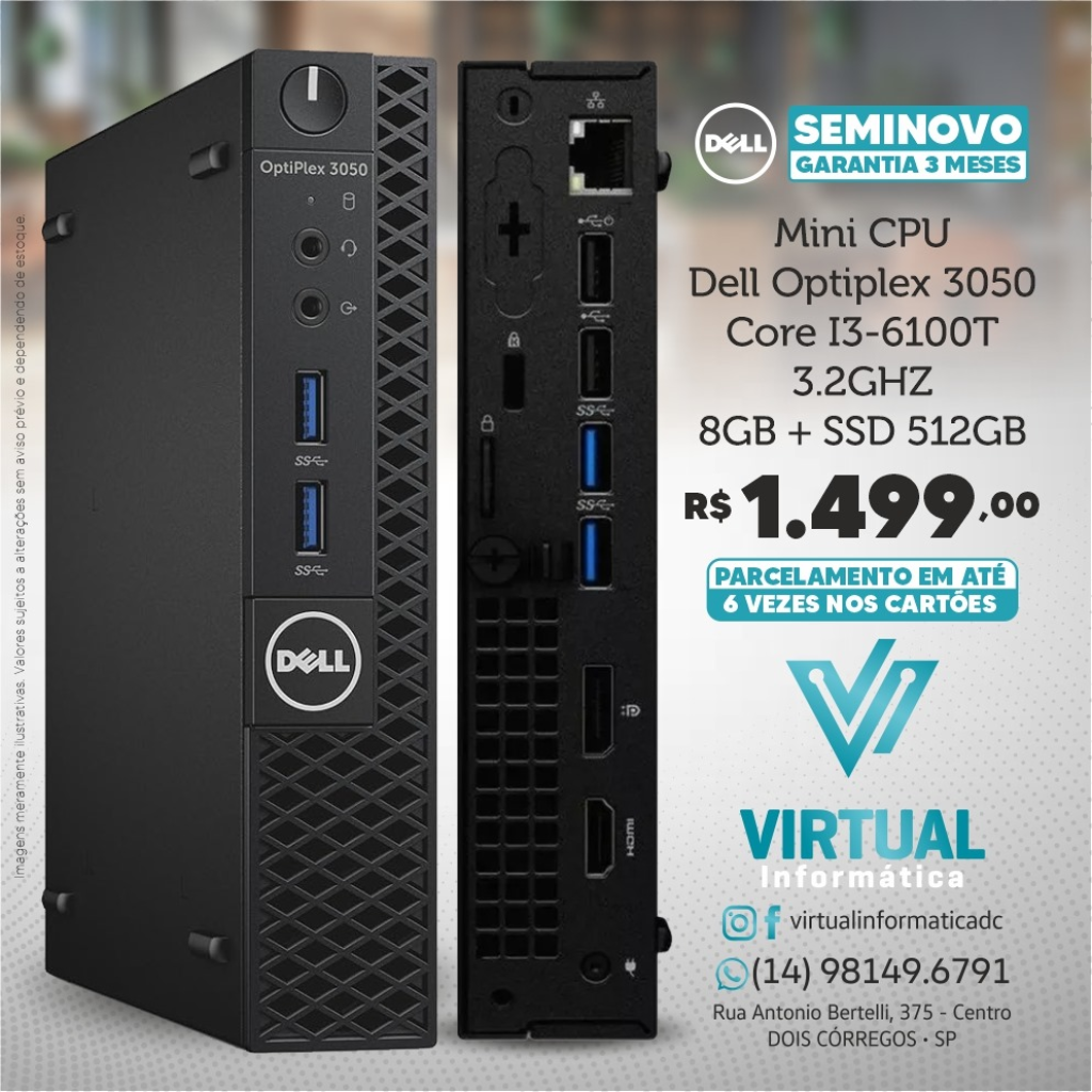 Mini CPU Dell Optiplex 3050 Core I3-6100T 3.2Ghz 8GB SSD 512GB