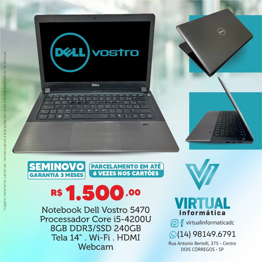 Notebook Dell Vostro 5470 Processador Core i5-4200U 8GB DDR3/SSD 240GB Tela 14 wifi HDMI Webcam